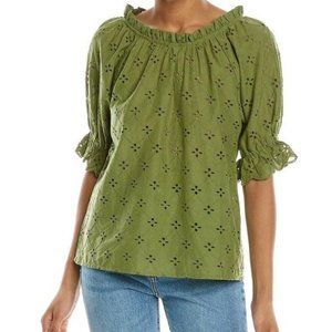 Olive Green Eyelet Blouse Ruffled Neck and Sleeves